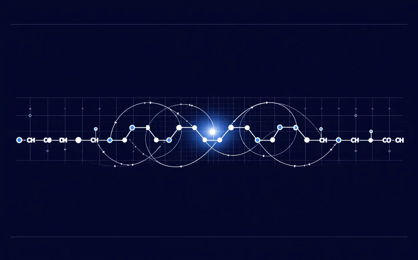 Two abstract peptide-node chains converging toward a single bright node on an indigo-black grid